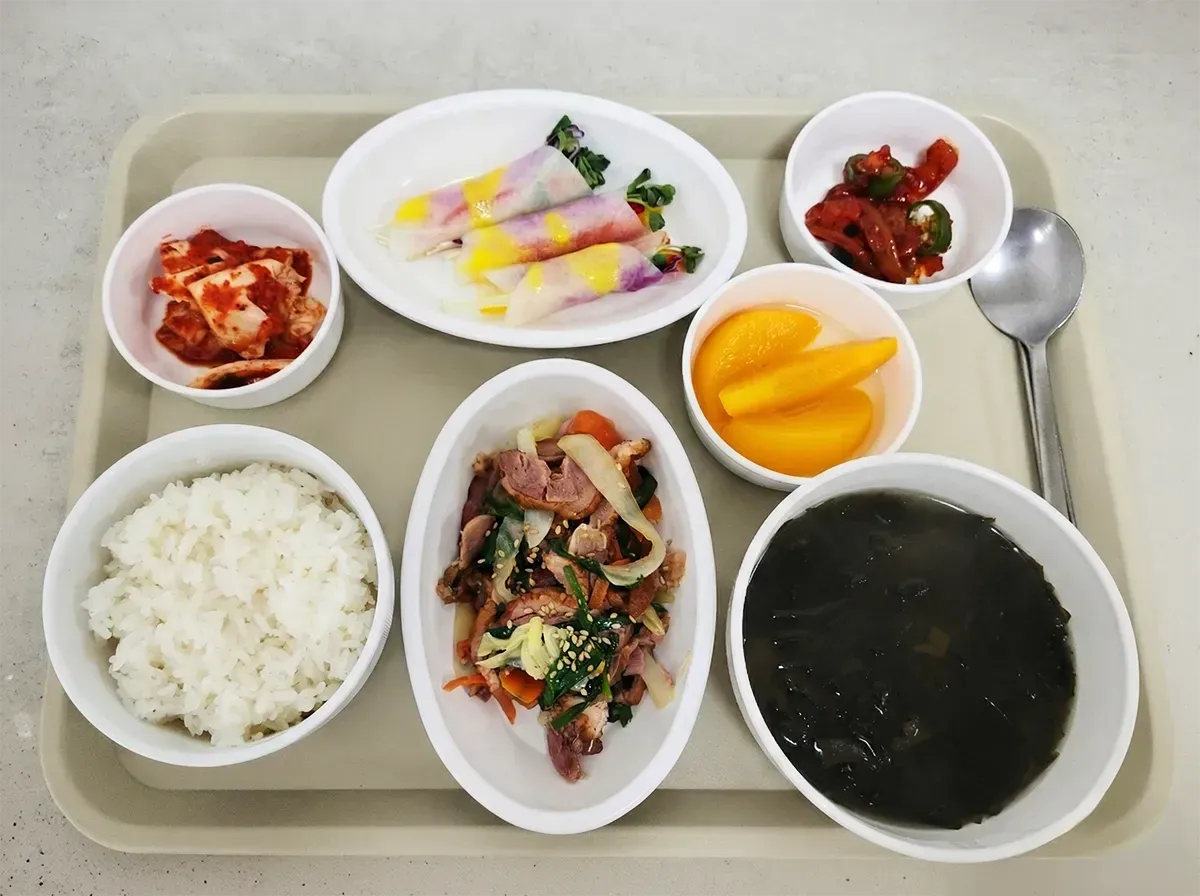 입원병동 영양식단 - 흰쌀밥, 미역국, 닭갈비, 라이스페이퍼 야채롤
