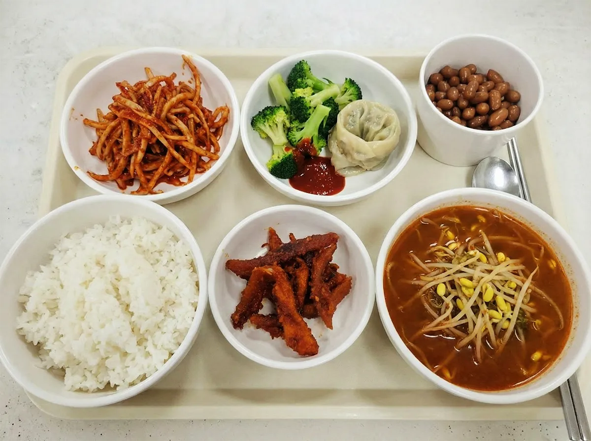 입원병동 영양식단 - 흰쌀밥, 콩나물국, 무생채, 닭강정